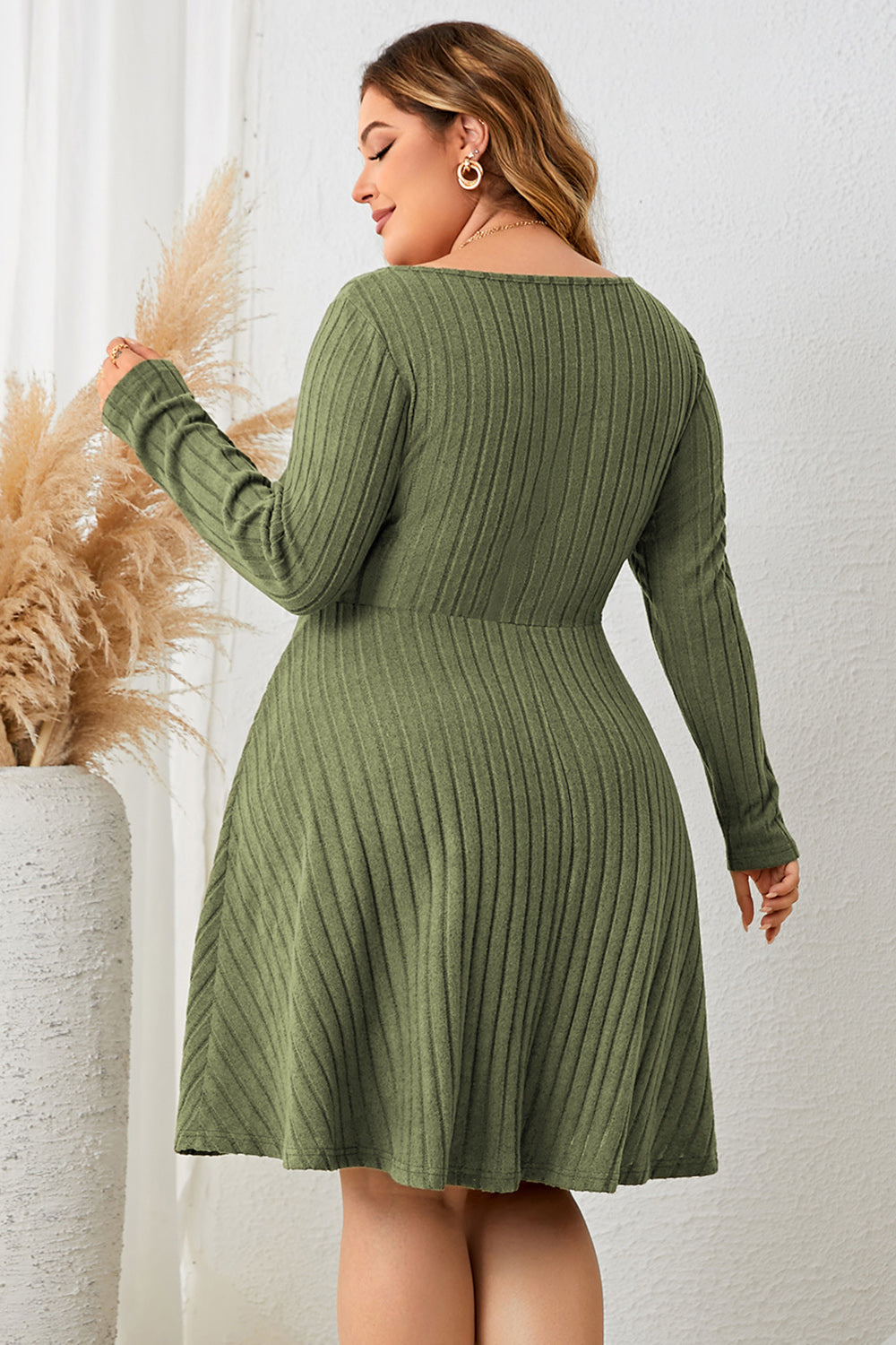 Plus Size Sweetheart Neck Long Sleeve Ribbed Dress-Jewearrings