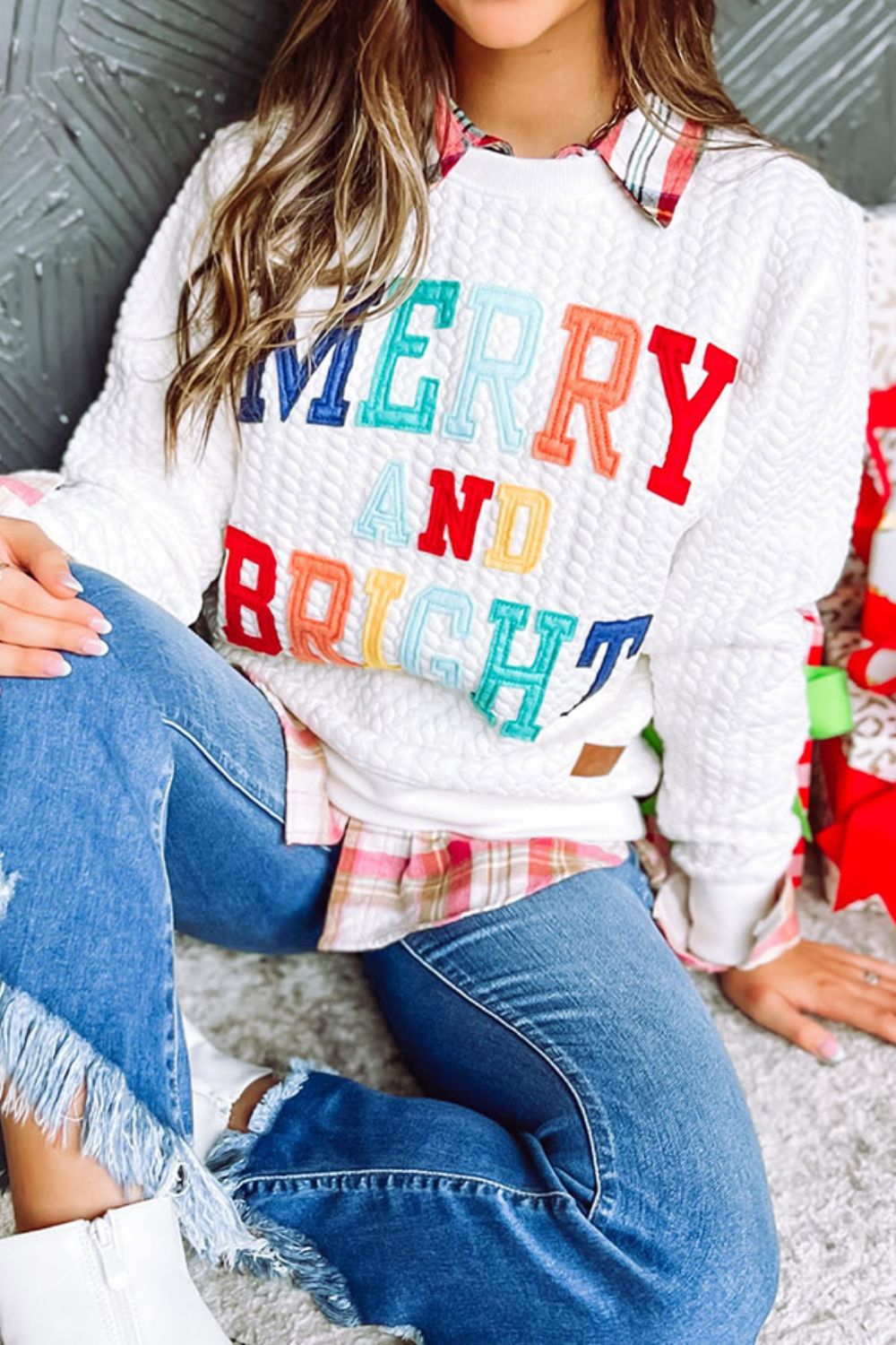 MERRY AND BRIGHT Cable Knit Pullover Sweatshirt-Jewearrings