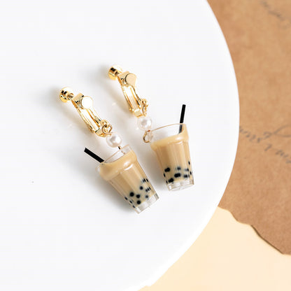 Pearl milk tea female earrings-Jewearrings