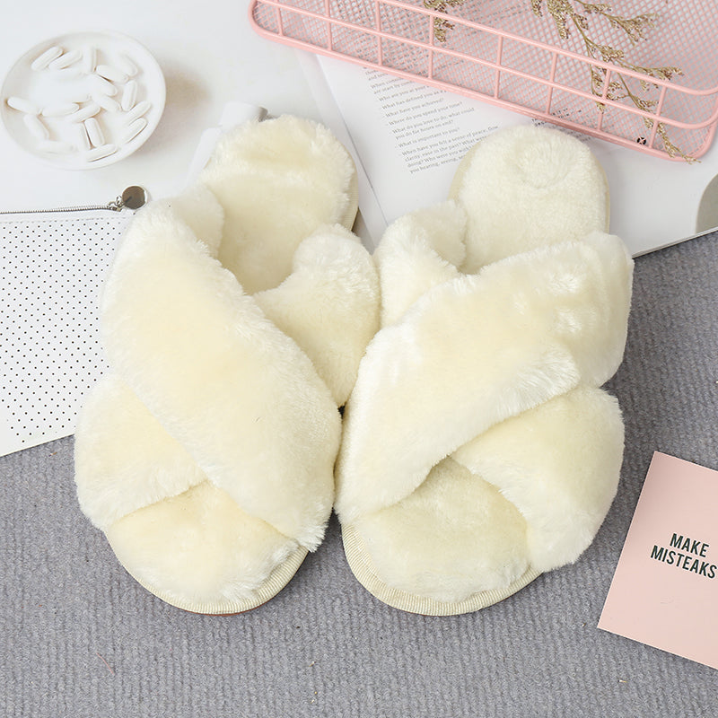 Faux Fur Crisscross Strap Slippers-Jewearrings