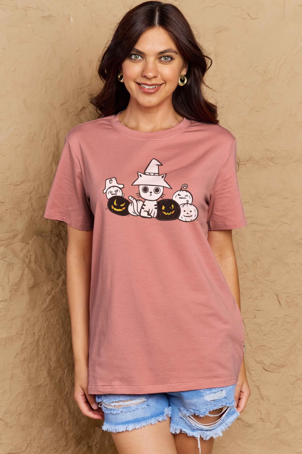 Simply Love Full Size Cat & Pumpkin Graphic Cotton T-Shirt-Jewearrings