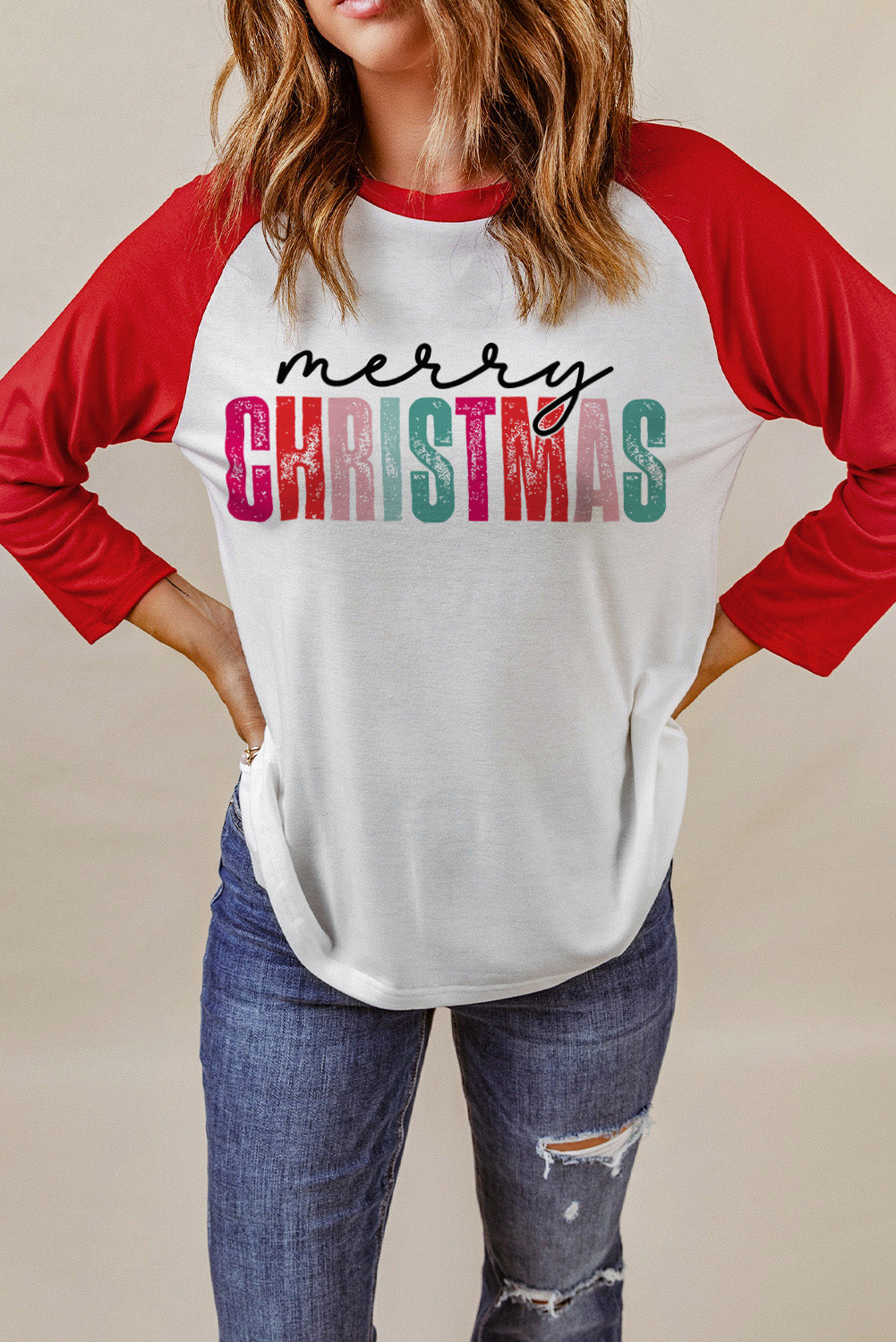 MERRY CHRISTMAS Graphic Raglan Sleeve T-Shirt-Jewearrings