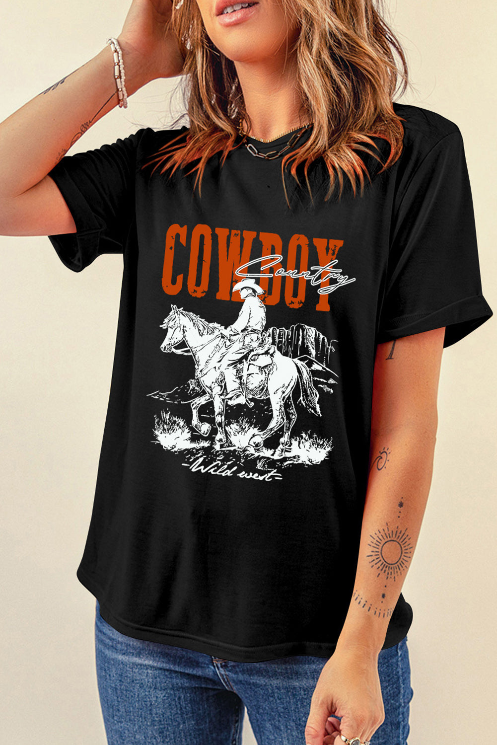 COWBOY Round Neck Short Sleeve T-Shirt-Jewearrings