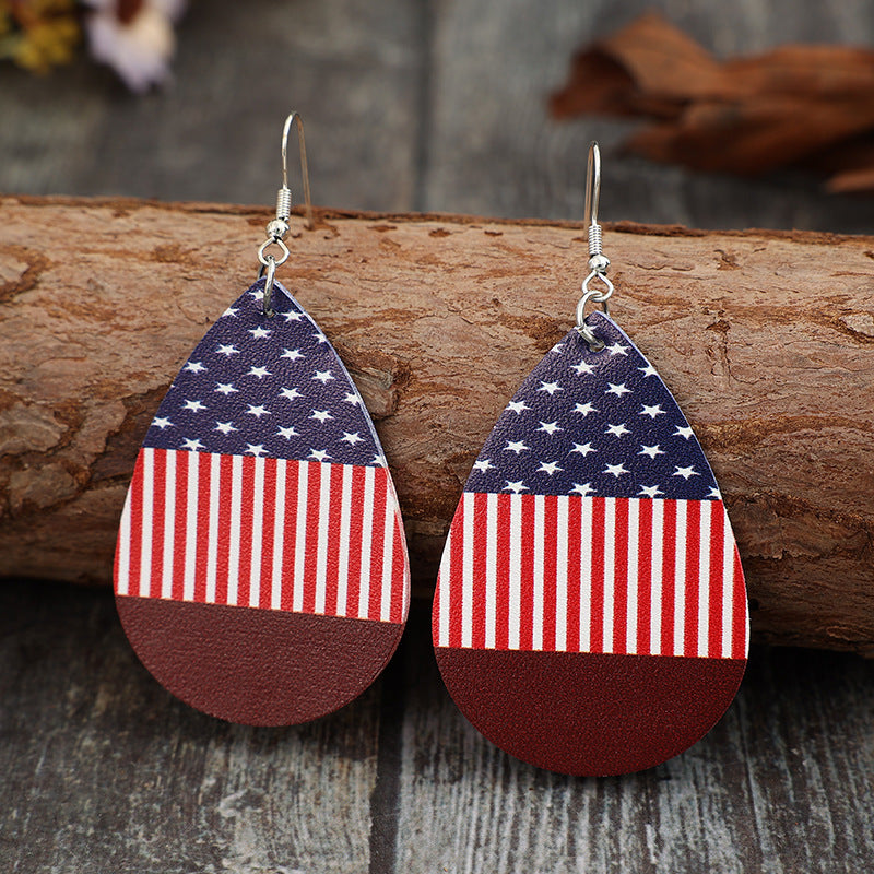 Stars and Stripes PU Leather Teardrop Earrings-Jewearrings