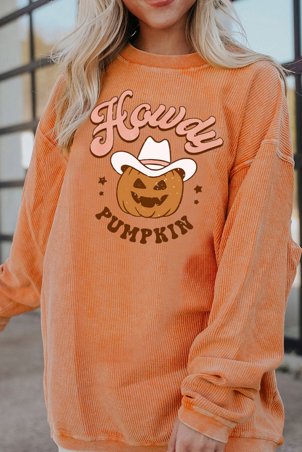 HOWDY Pumpkin Graphic Ribbed Sweatshirt-Jewearrings