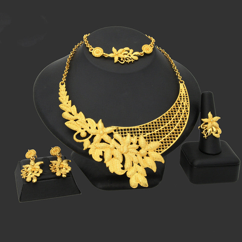 Women Gold Plated Necklace Earrings Ring Bracelet-Jewearrings