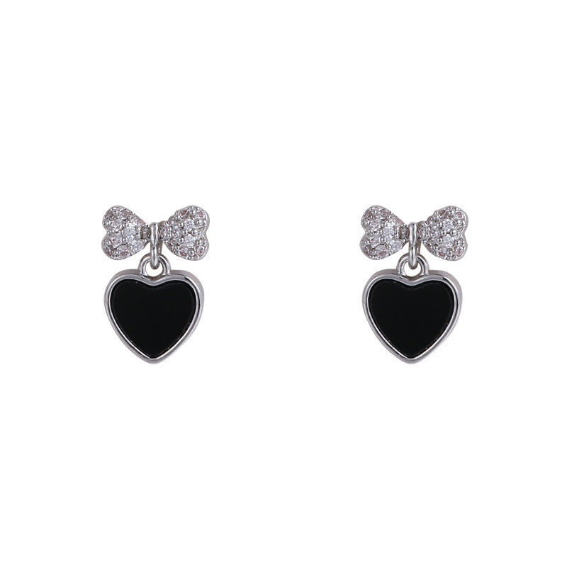 Sterling Silver Needle Micro-inlaid Delicate Bow Black Peach Heart Earrings-Jewearrings