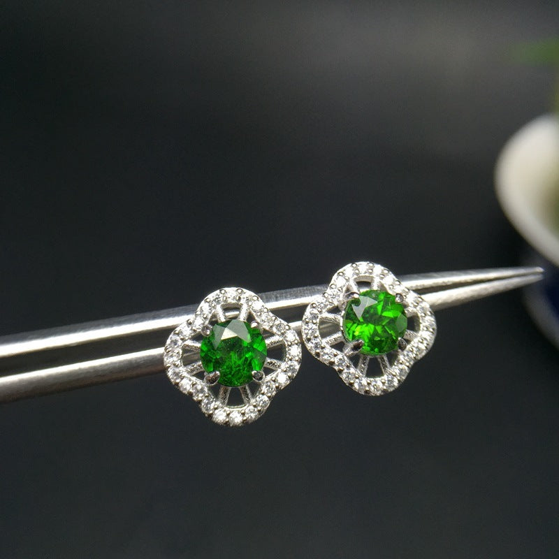 925 Silver Inlaid Diopside Emerald Stud Earrings-Jewearrings