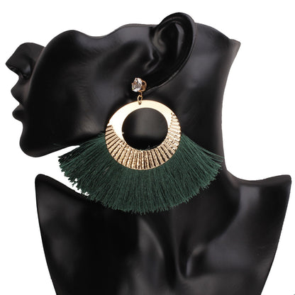 Women's Fringed Fan-shaped Gold Earrings With Rhinestones-Jewearrings