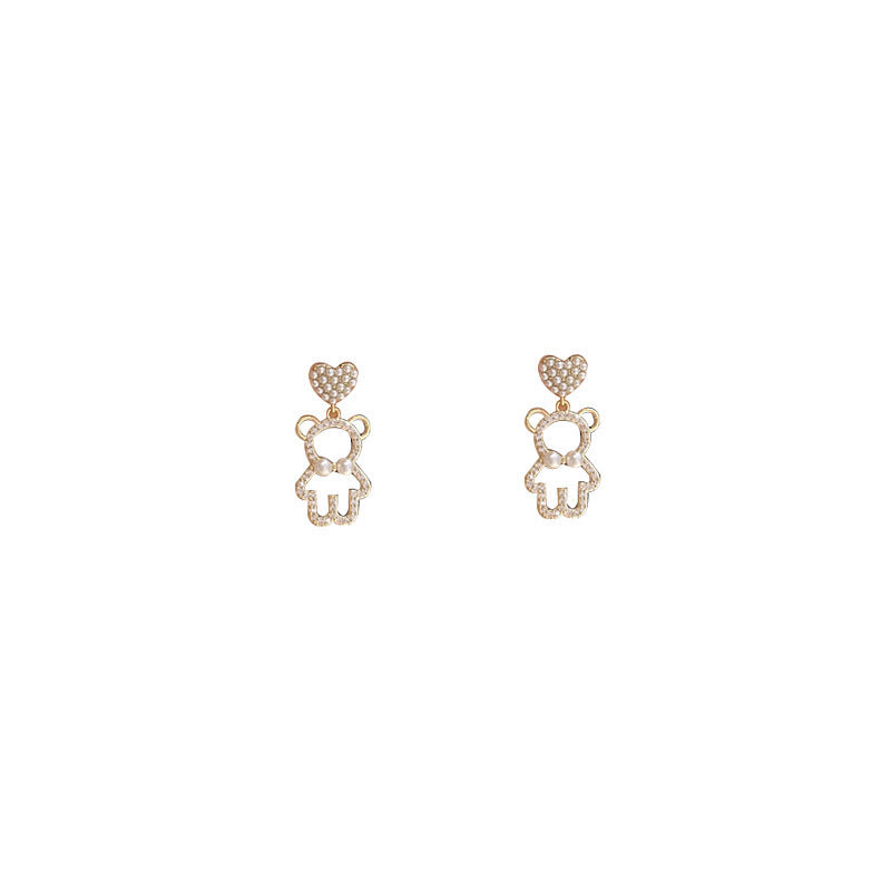 Small And Simple Fully Jeweled Loving Heart Pearl Cute Bear Earrings-Jewearrings