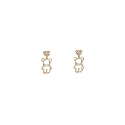 Small And Simple Fully Jeweled Loving Heart Pearl Cute Bear Earrings-Jewearrings