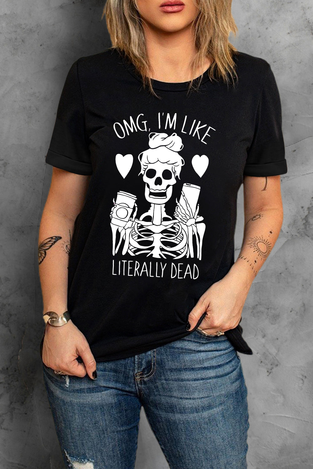 Halloween Skeleton Graphic Round Neck Tee-Jewearrings