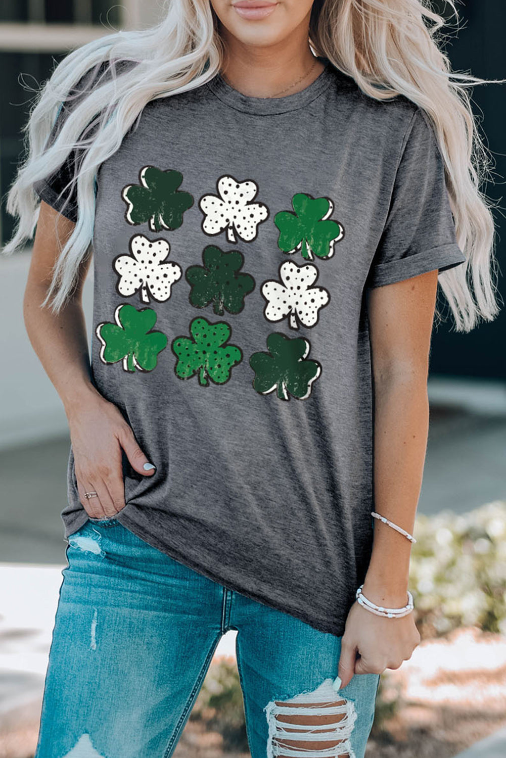 Lucky Clover Round Neck Short Sleeve T-Shirt-Jewearrings