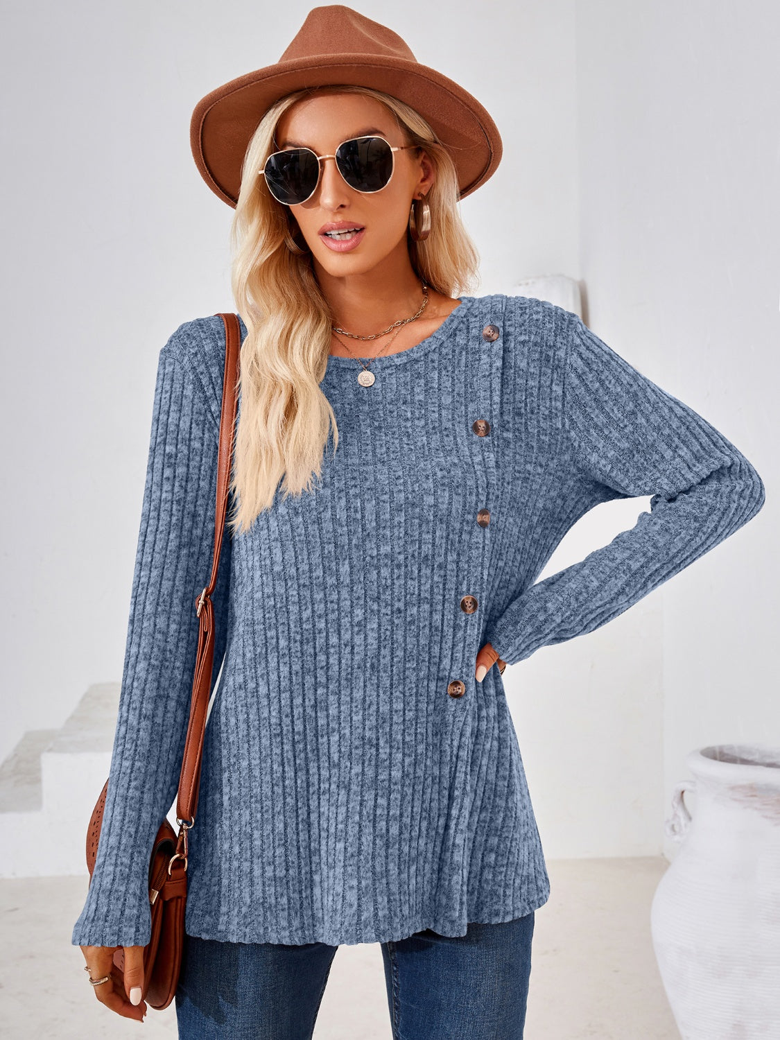 Ribbed Buttoned Round Neck Slit T-Shirt-Jewearrings