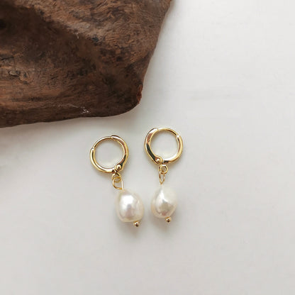 Women's Round Earrings Real Gold Plated Freshwater Pearl Earrings-Jewearrings