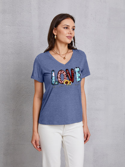 Letter Graphic V-Neck Short Sleeve T-Shirt-Jewearrings