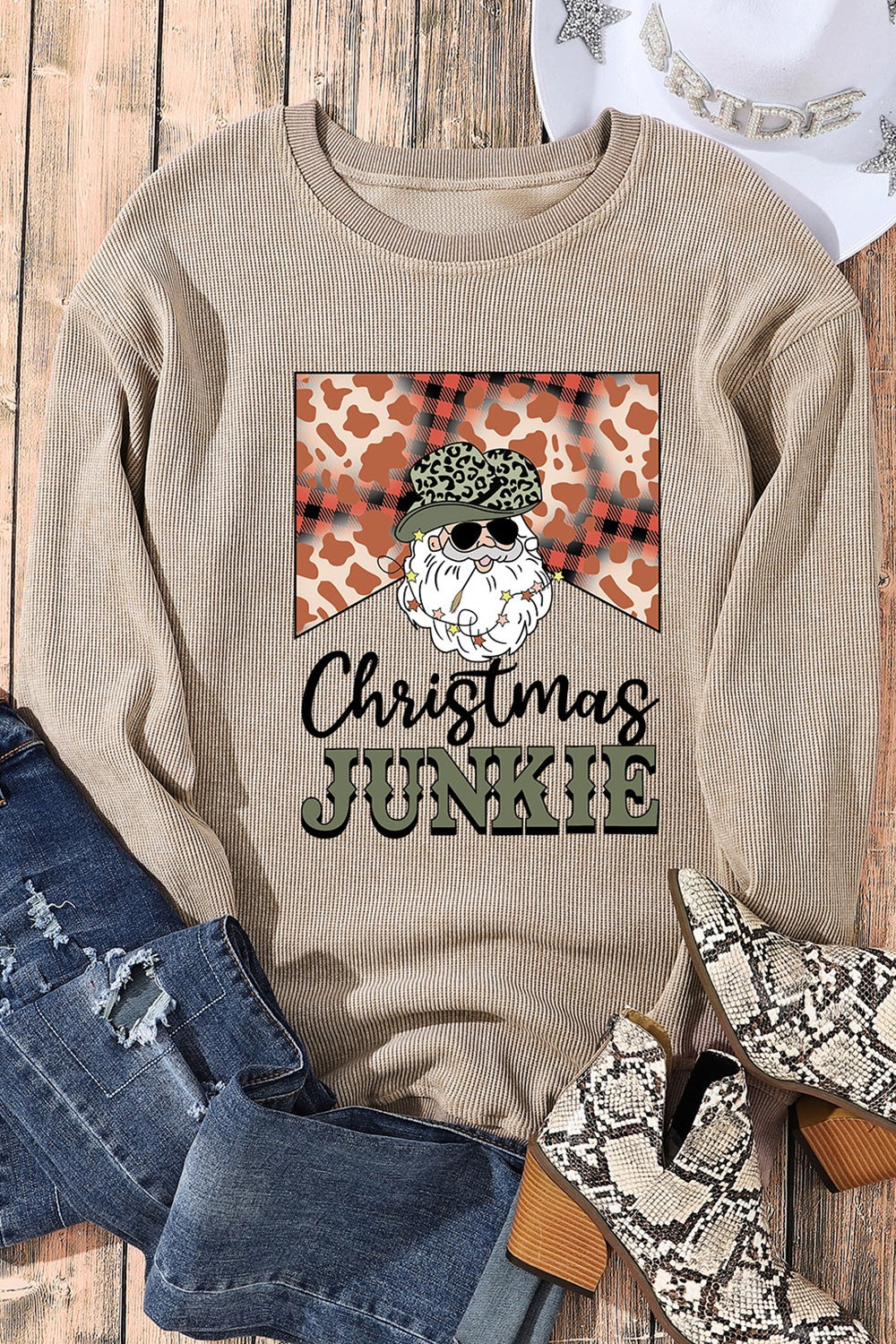 CHRISTMAS JUNKIE Ribbed Round Neck Sweatshirt-Jewearrings