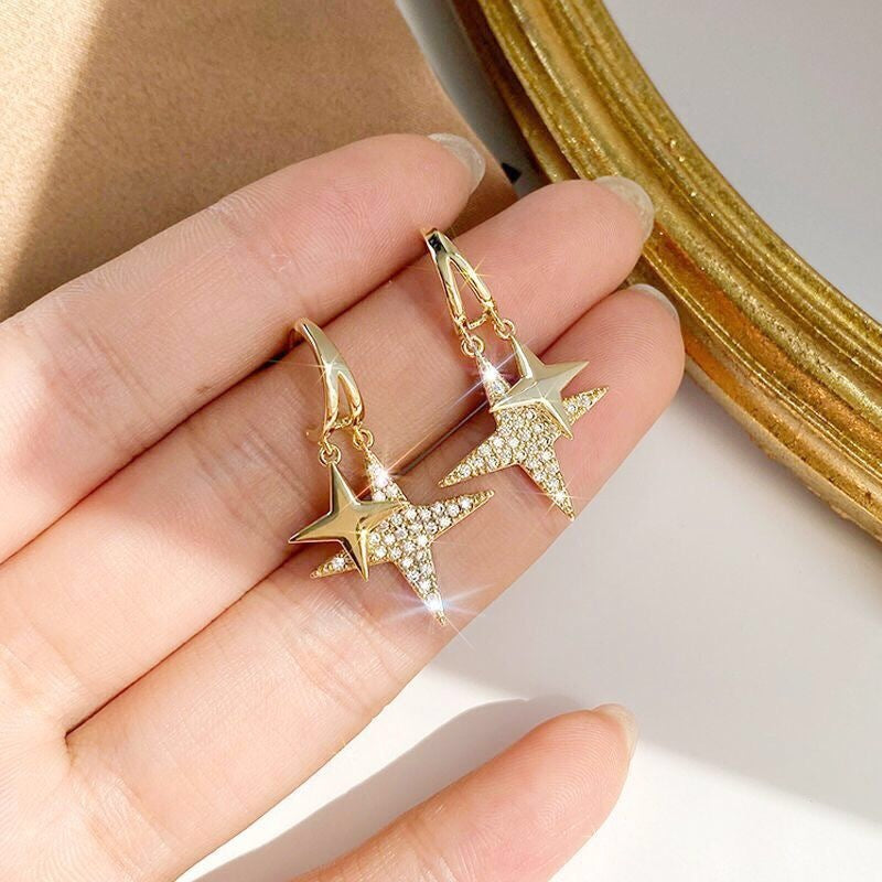 Long Star Pearl Pendant Stud Earrings-Jewearrings