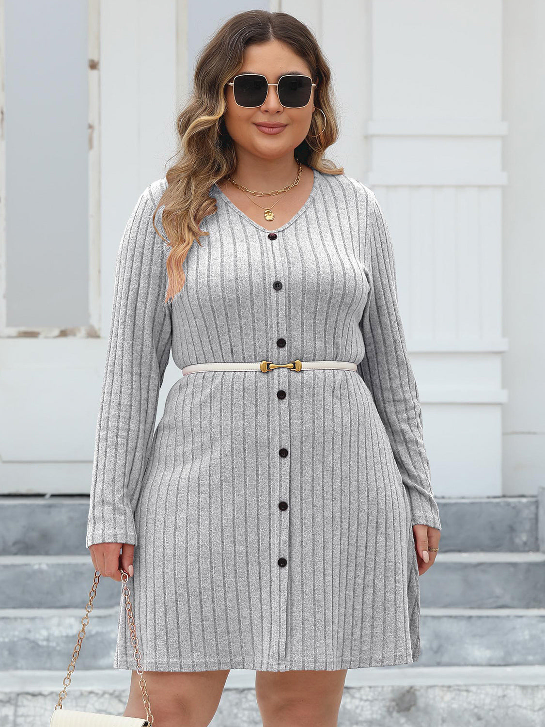 Plus Size Ribbed Buttoned V-Neck Long Sleeve Dress-Jewearrings