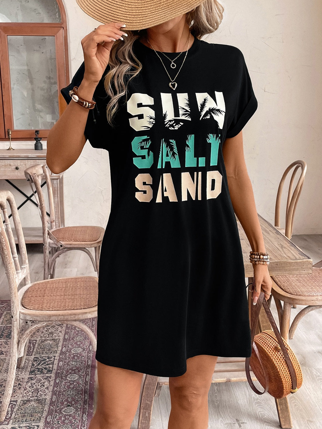 Letter Graphic Round Neck Short Sleeve Mini Tee Dress-Jewearrings