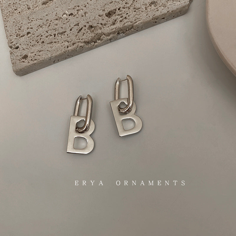 B Letter Earrings Female Niche 925 Silver Needle-Jewearrings