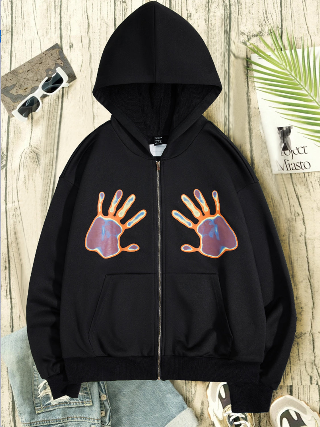 Graphic Zip-Up Hooded Jacket-Jewearrings