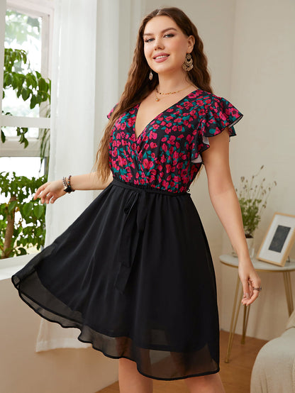 Plus Size Floral Surplice Neck Flutter Sleeve Dress-Jewearrings