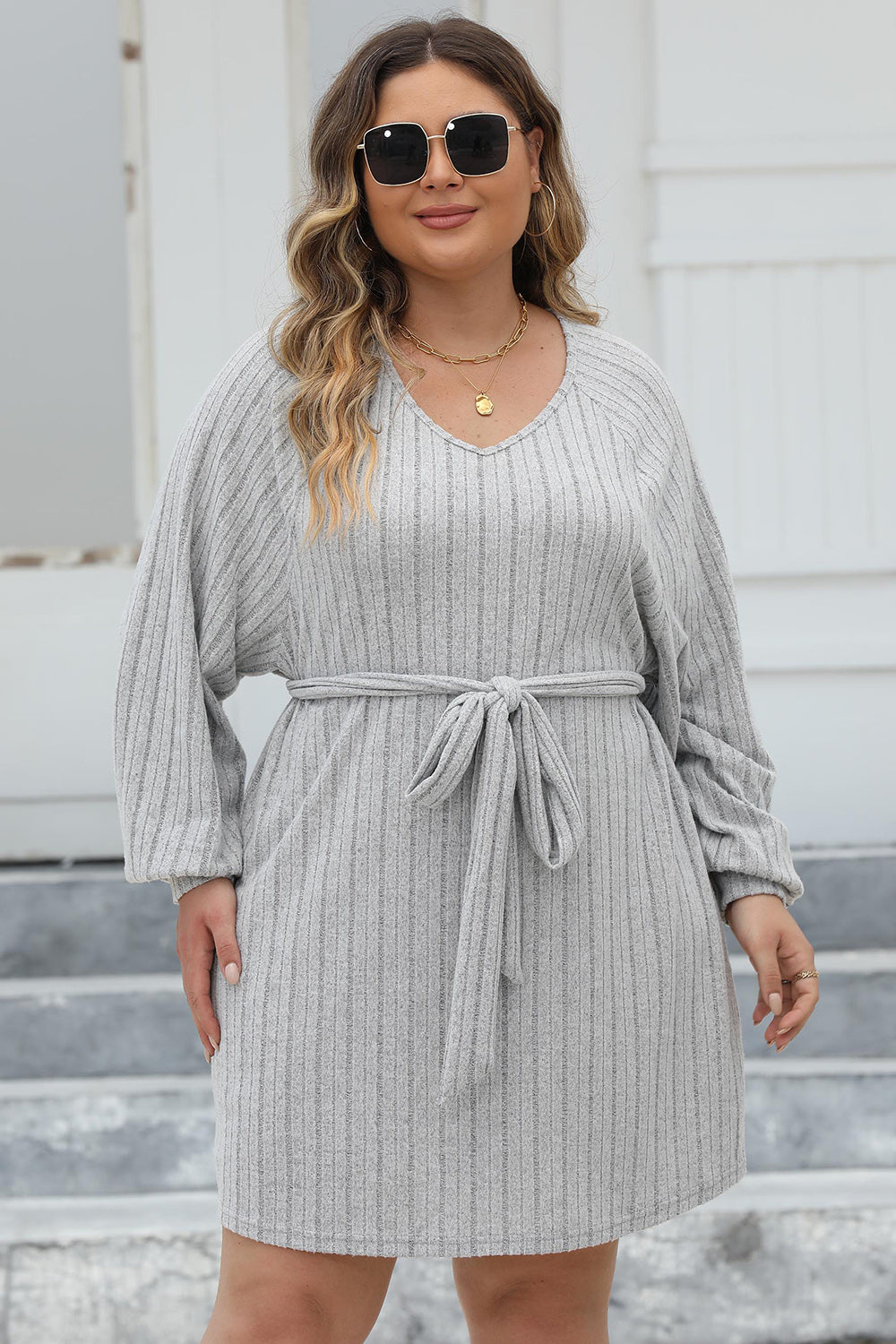 Plus Size Ribbed Tie Front Long Sleeve Sweater Dress-Jewearrings