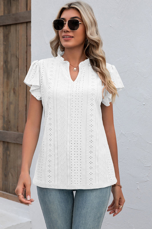 Eyelet Notched Flutter Sleeve T-Shirt-Jewearrings