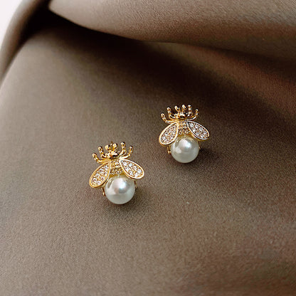 Simple, Small And Personalized Bee Pearl Earrings-Jewearrings