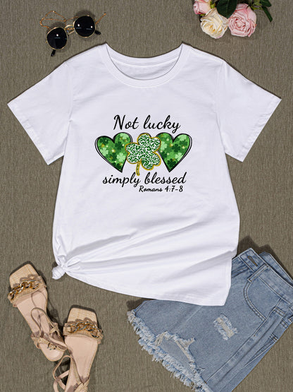 NOT LUCKY SIMPLY BLESSED Heart Round Neck T-Shirt-Jewearrings