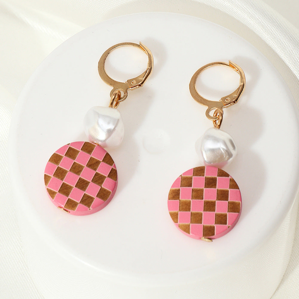 Round Checkered Earrings Temperament Pearl Earrings-Jewearrings