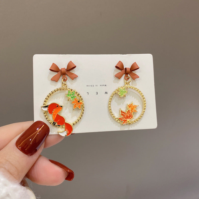 Cartoon Character Bow Little Fox Maple Leaf Earrings-Jewearrings