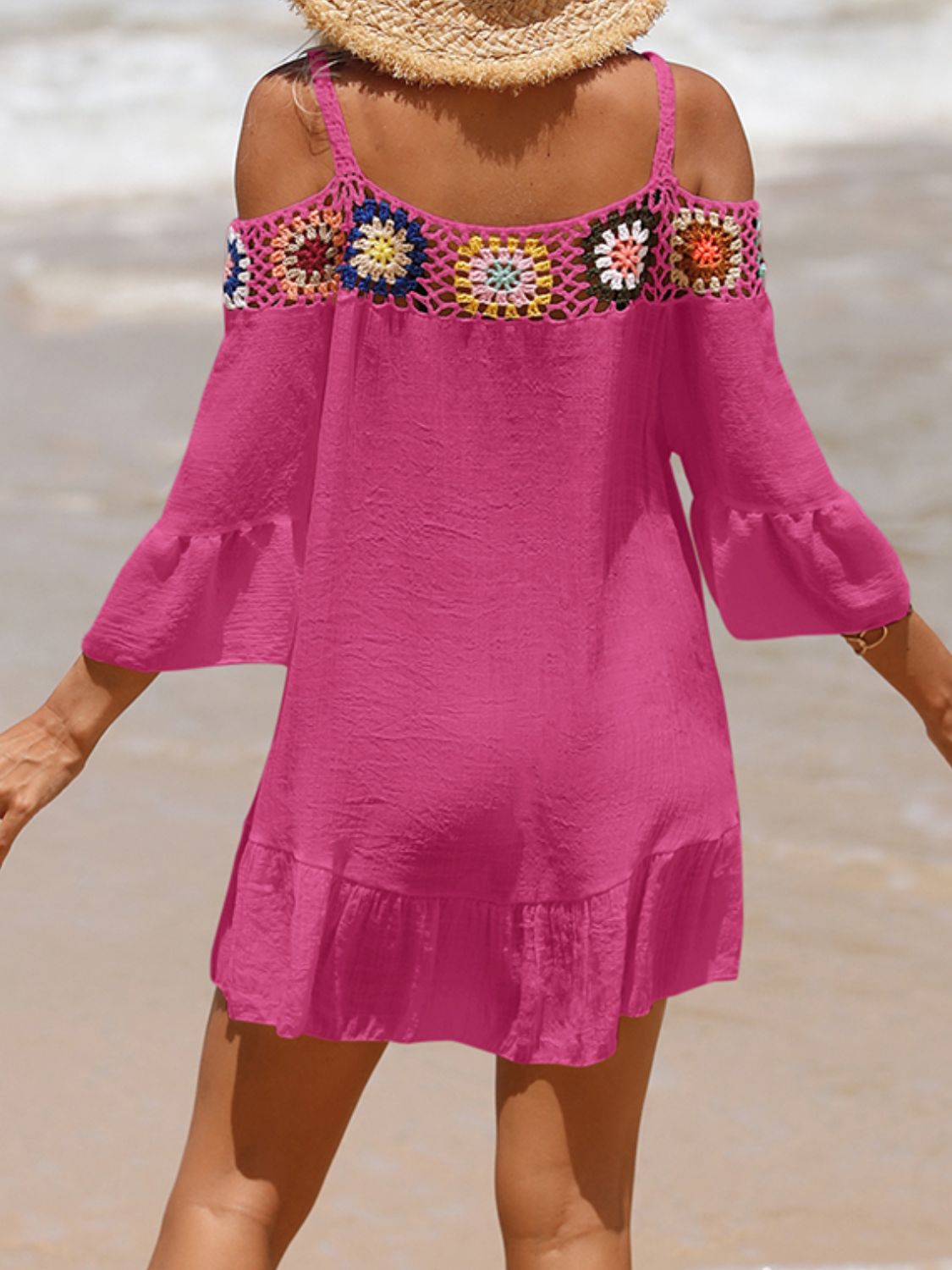 Crochet Cold Shoulder Three-Quarter Sleeve Cover Up-Jewearrings