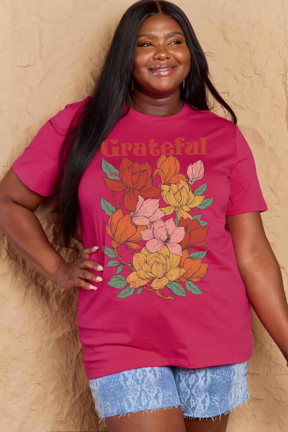 Simply Love Full Size GRATEFUL Flower Graphic Cotton T-Shirt-Jewearrings