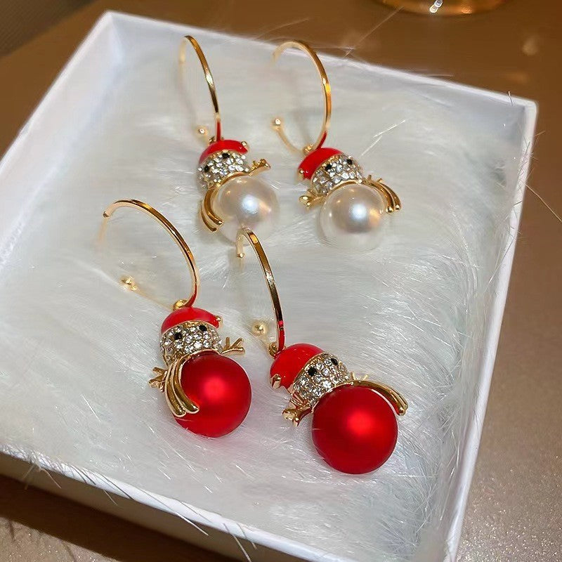 Snowman Christmas Earrings Female Stud Earrings Refined Rhinestone Pearl Earrings-Jewearrings