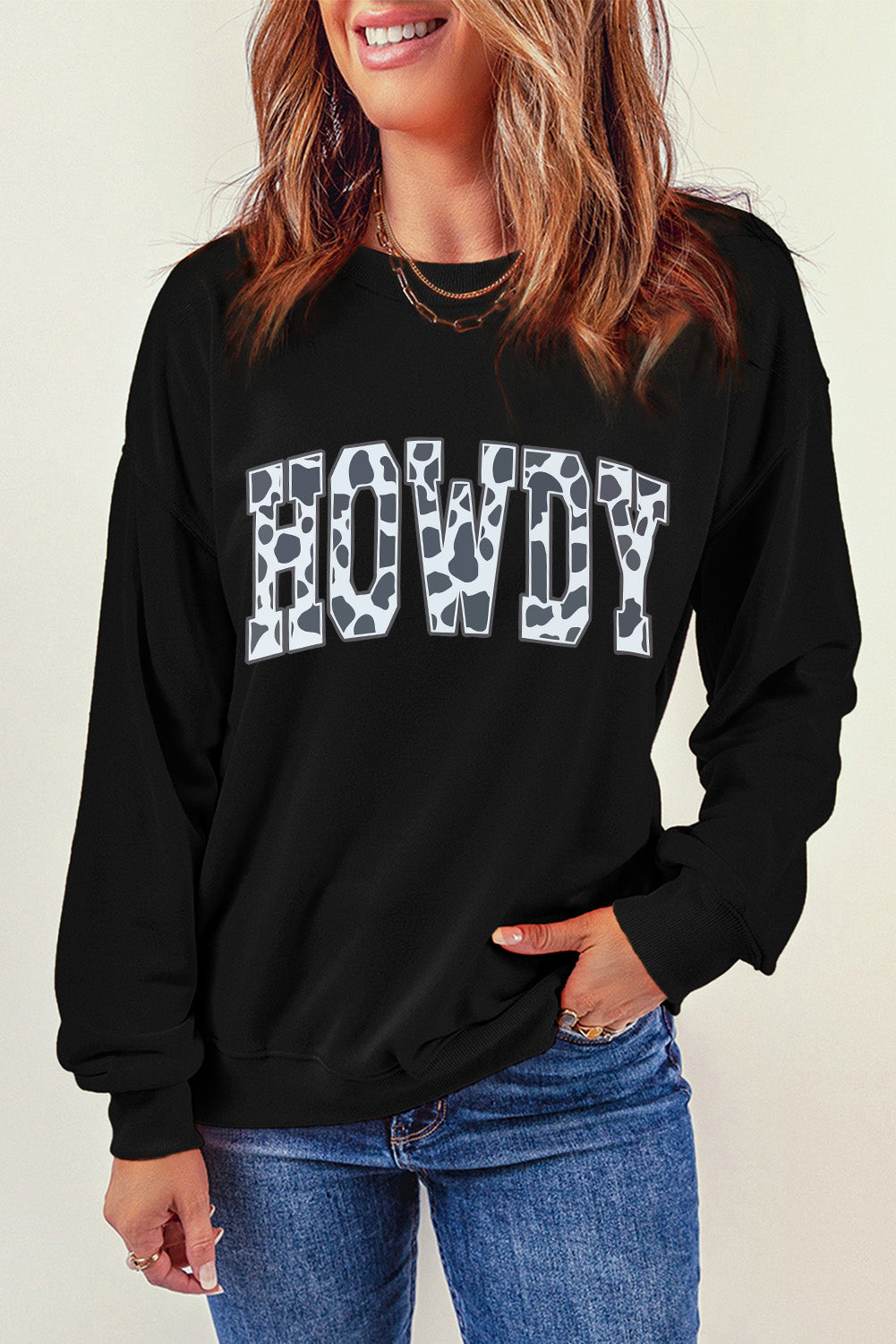 Round Neck Long Sleeve Howdy Graphic Sweatshirt-Jewearrings