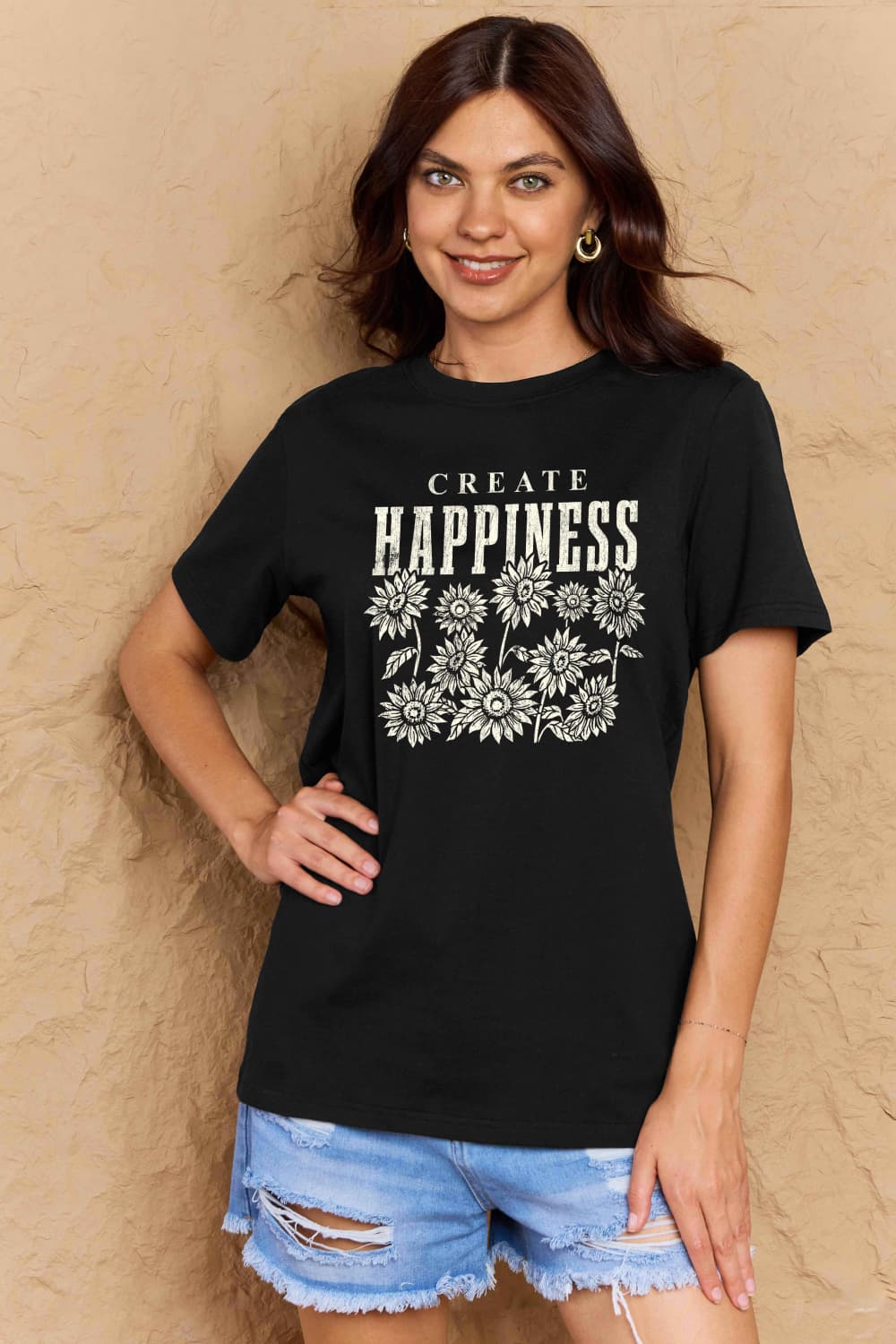 Simply Love Full Size CREATE HAPPINESS Graphic Cotton T-Shirt-Jewearrings