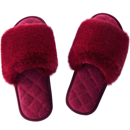 Faux Fur Open Toe Slippers-Jewearrings