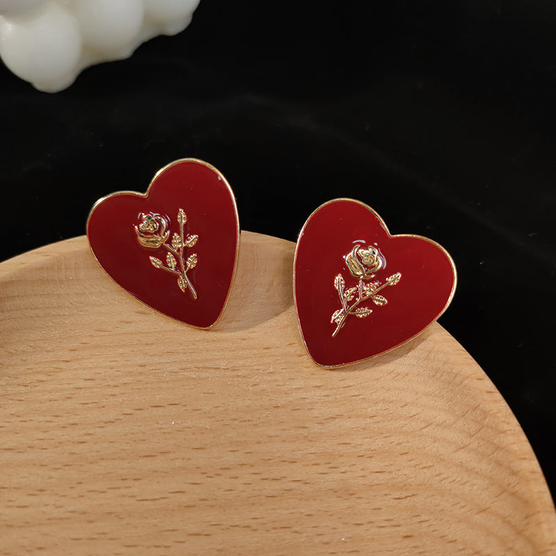 Silver Needle Retro Red Peach Heart Stud Earrings New-Jewearrings