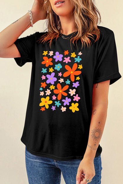 Flower Graphic Round Neck Short Sleeve T-Shirt-Jewearrings