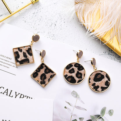 925 silver pin sexy leopard earrings metal geometric square round suede striped earrings exaggerated tide earrings-Jewearrings