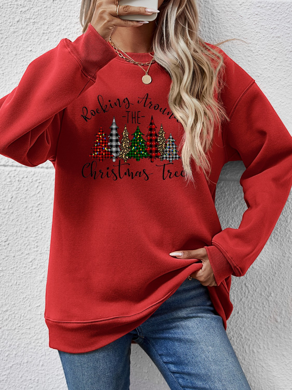 Christmas Tree Graphic Round Neck Sweatshirt-Jewearrings