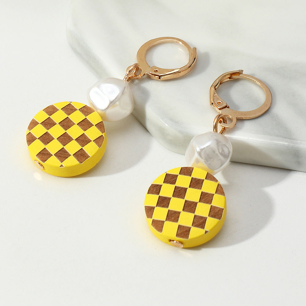 Round Checkered Earrings Temperament Pearl Earrings-Jewearrings