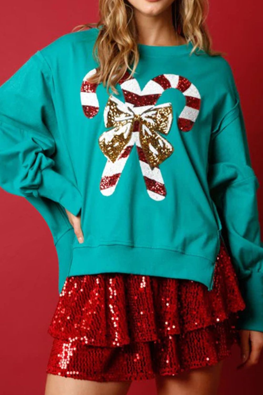 Candy Cane Slit Dropped Shoulder Sweatshirt-Jewearrings