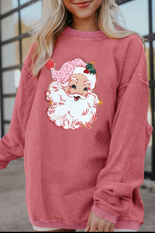 Ribbed Santa Graphic Round Neck Sweatshirt-Jewearrings