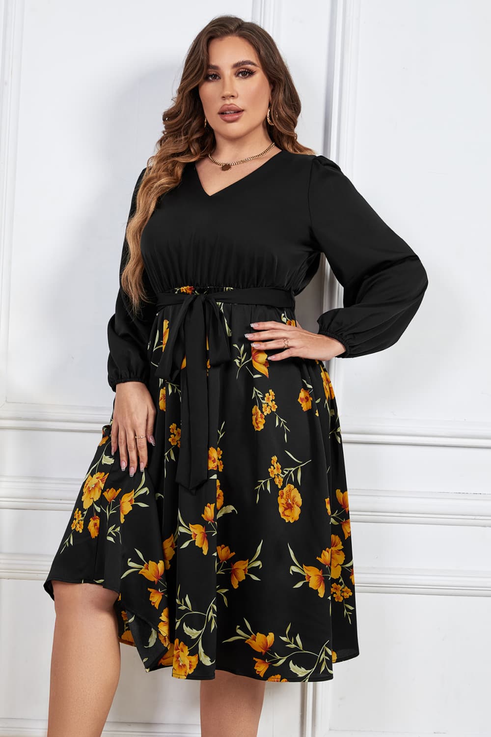 Melo Apparel Plus Size Floral Print Tie Belt V-Neck Balloon Sleeve Midi Dress-Jewearrings