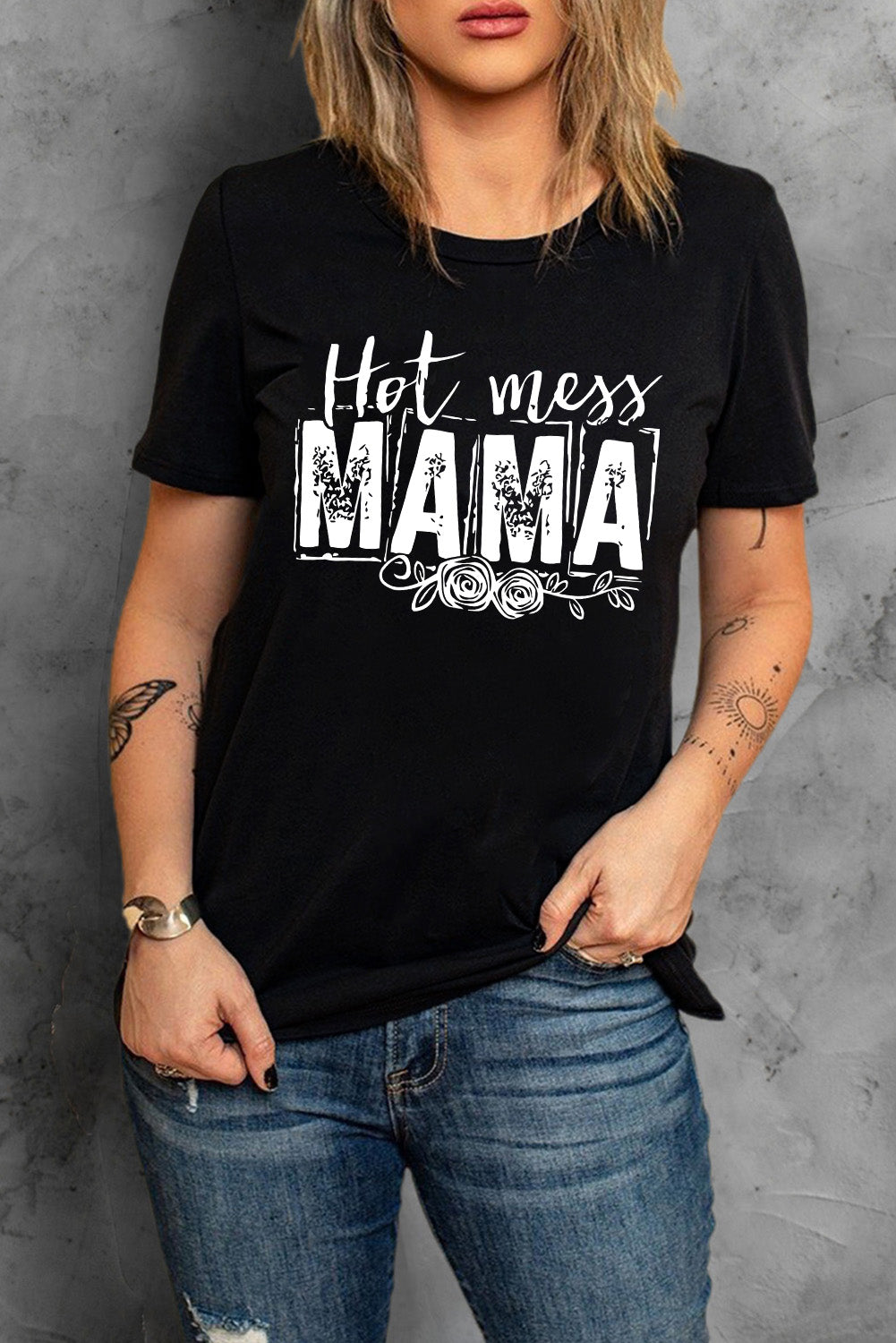 HOT MESS MAMA Graphic Round Neck Tee-Jewearrings