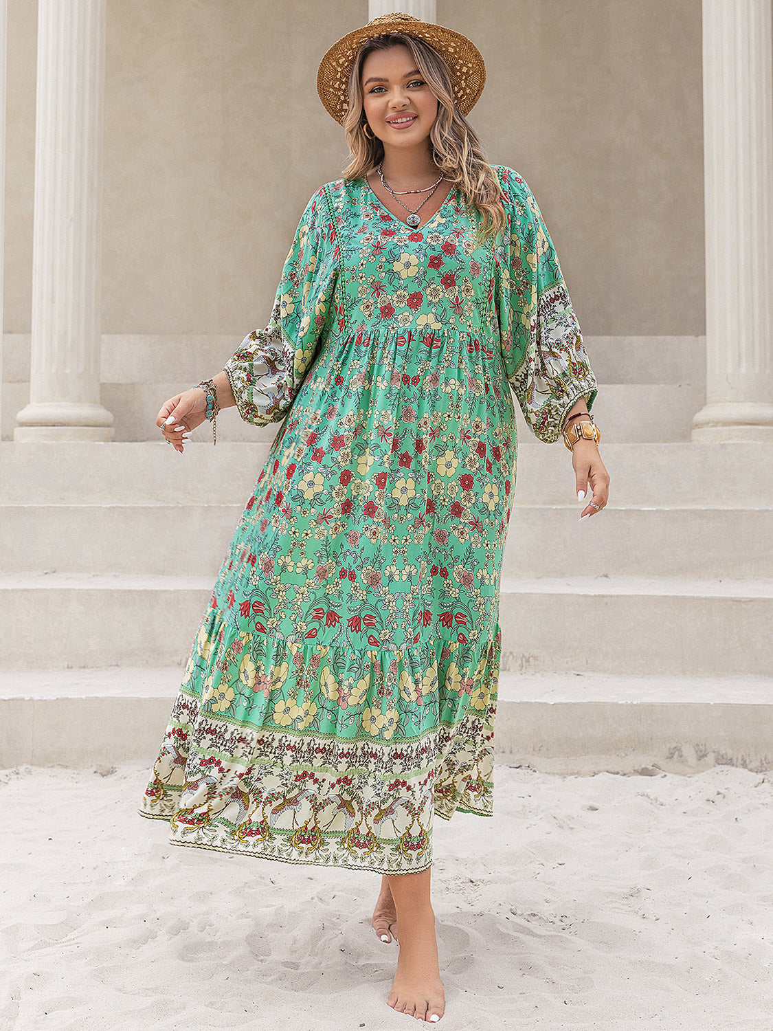 Plus Size Floral V-Neck Balloon Sleeve Midi Dress-Jewearrings