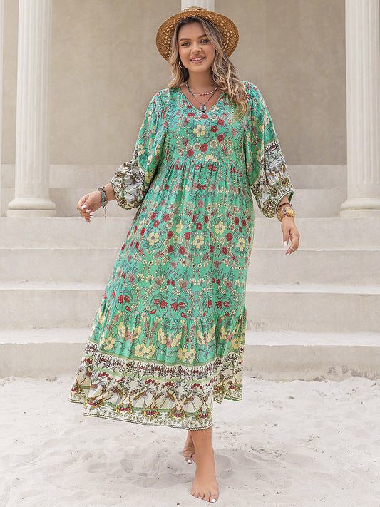 Plus Size Floral V-Neck Balloon Sleeve Midi Dress-Jewearrings